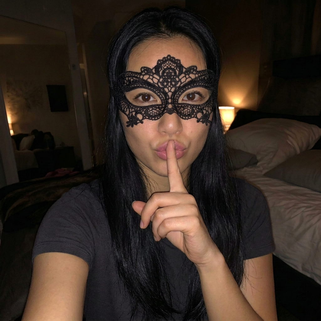 Portrait d’une femme aux cheveux noirs portant un masque de dentelle et faisant un geste de silence