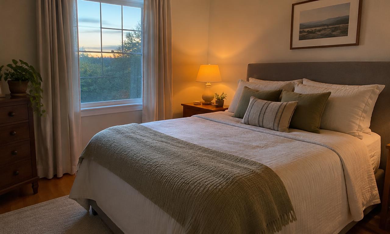 Une chambre rangée et une lampe tamisée invitent au repos.