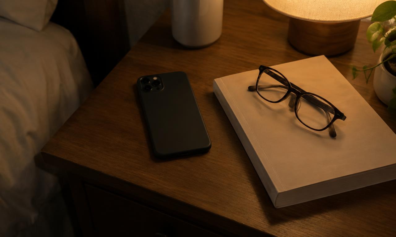 Le téléphone retourné sur la table de nuit, et un livre papier à la place.